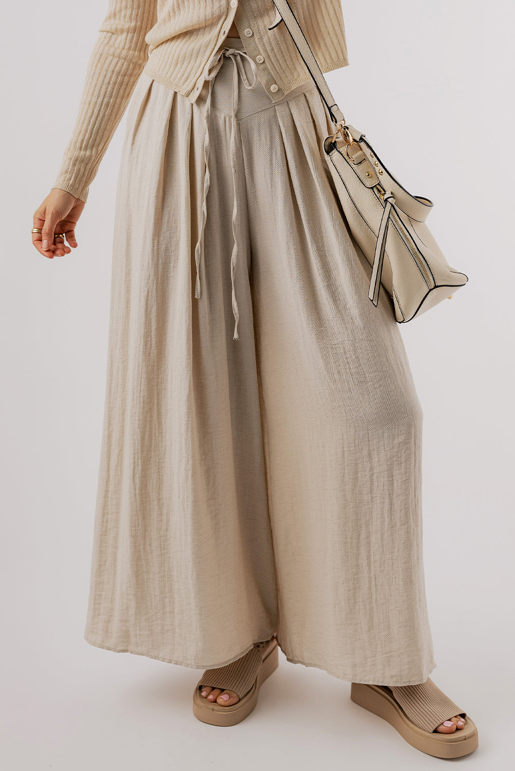 Beige Drawstring Pleated Wide Leg Pants