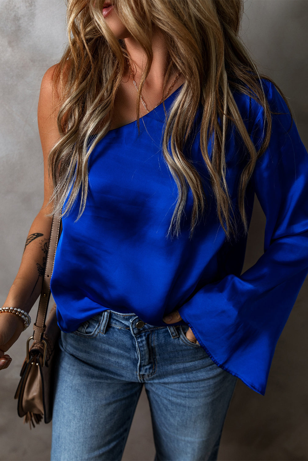 Blue Asymmetric One Shoulder Satin Blouse