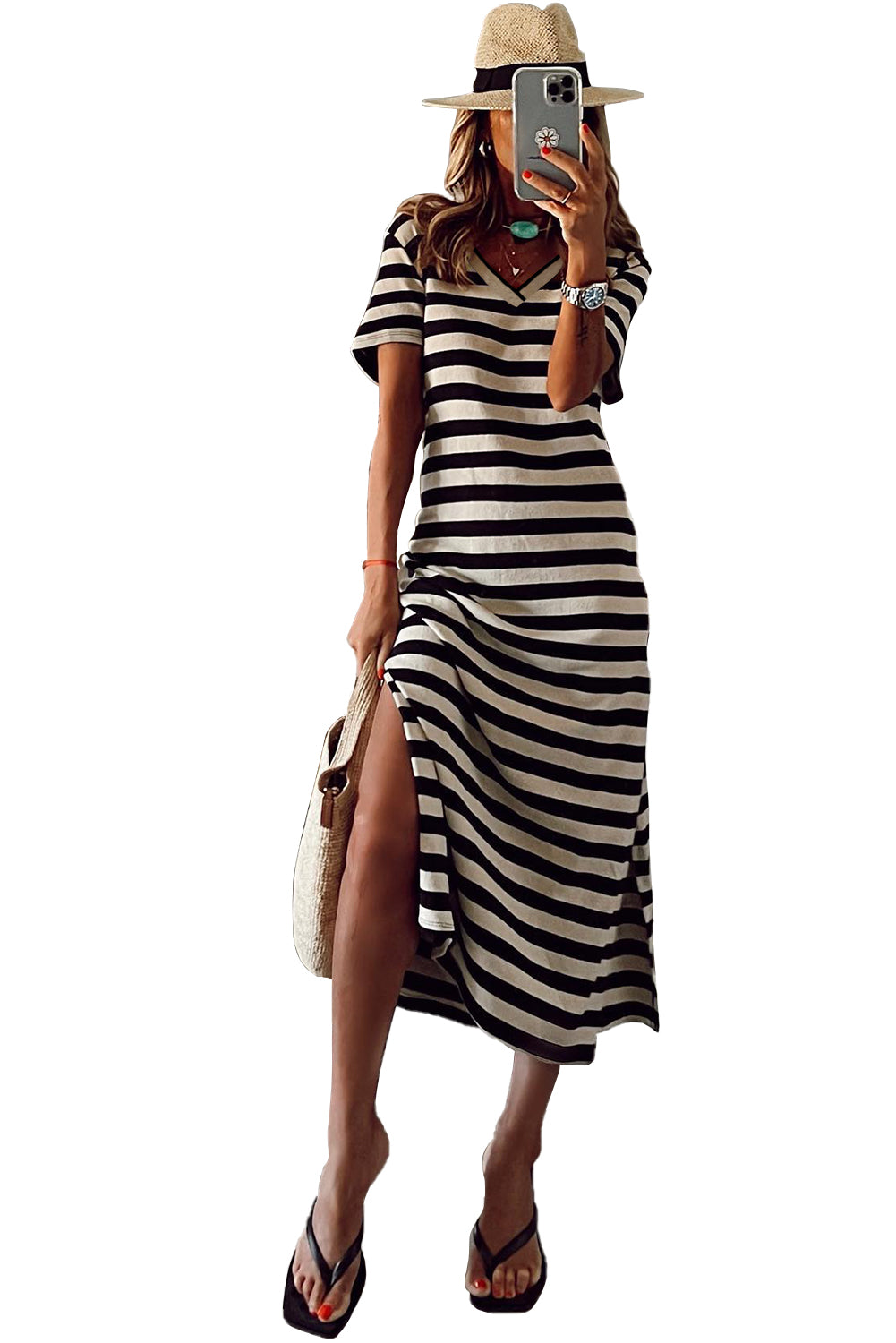 Black Stripe Print Maxi Dress with Side Splits