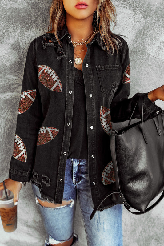 Black Sequined Rugby Football Denim Jacket