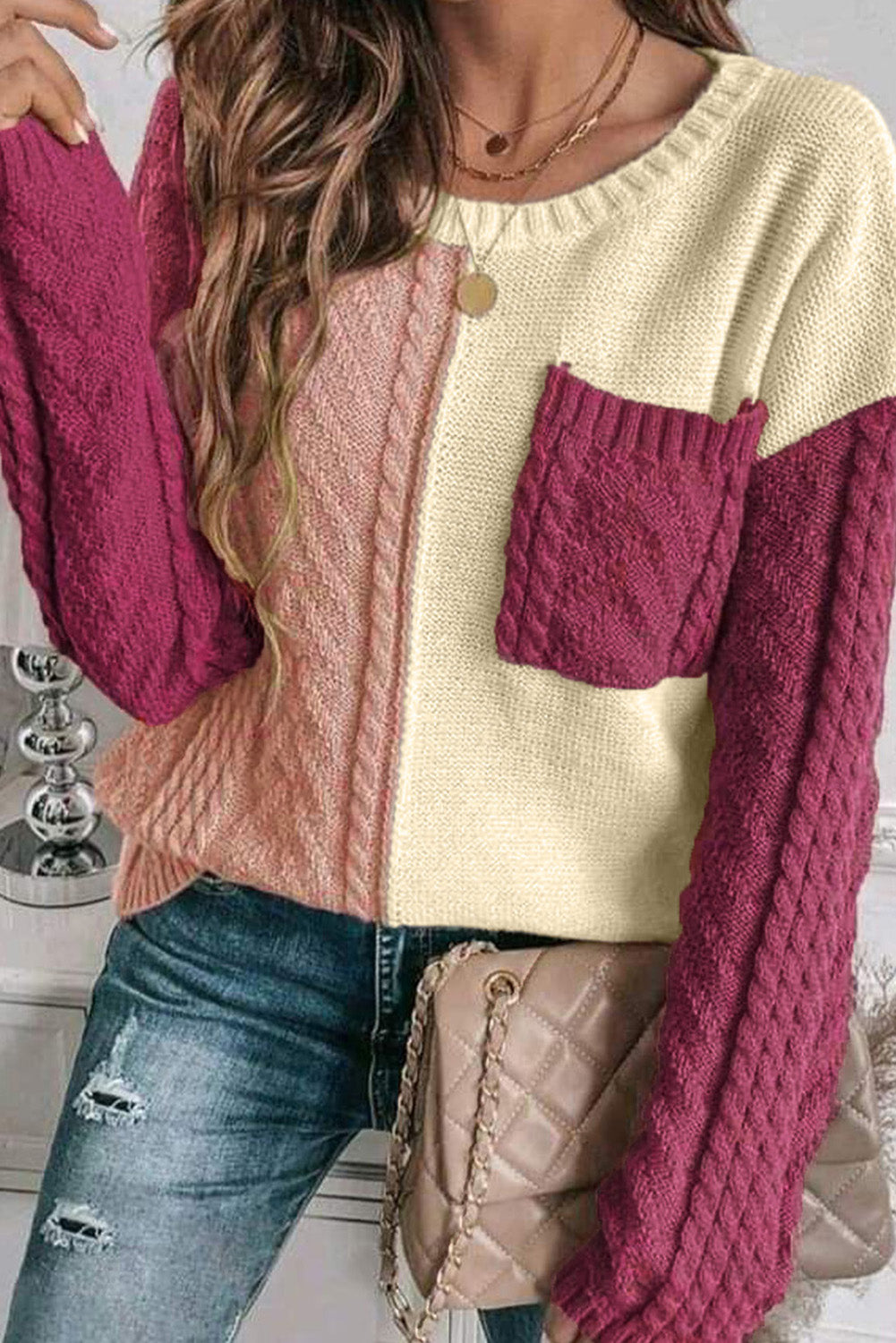 Green Colorblock Drop Shoulder Sweater