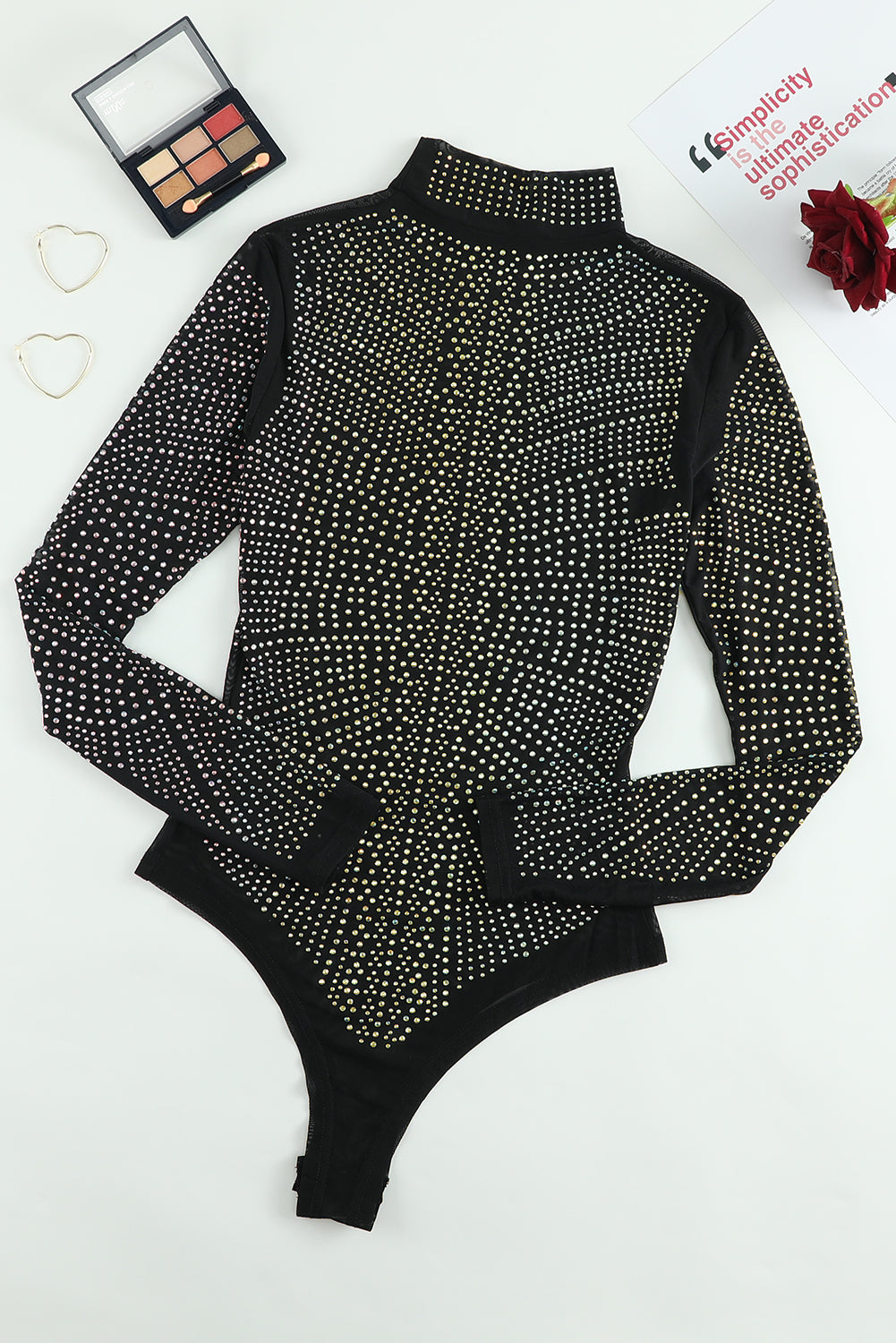 Black Iridescent Silver Rhinestone Studded Mock Neck Bodysuit