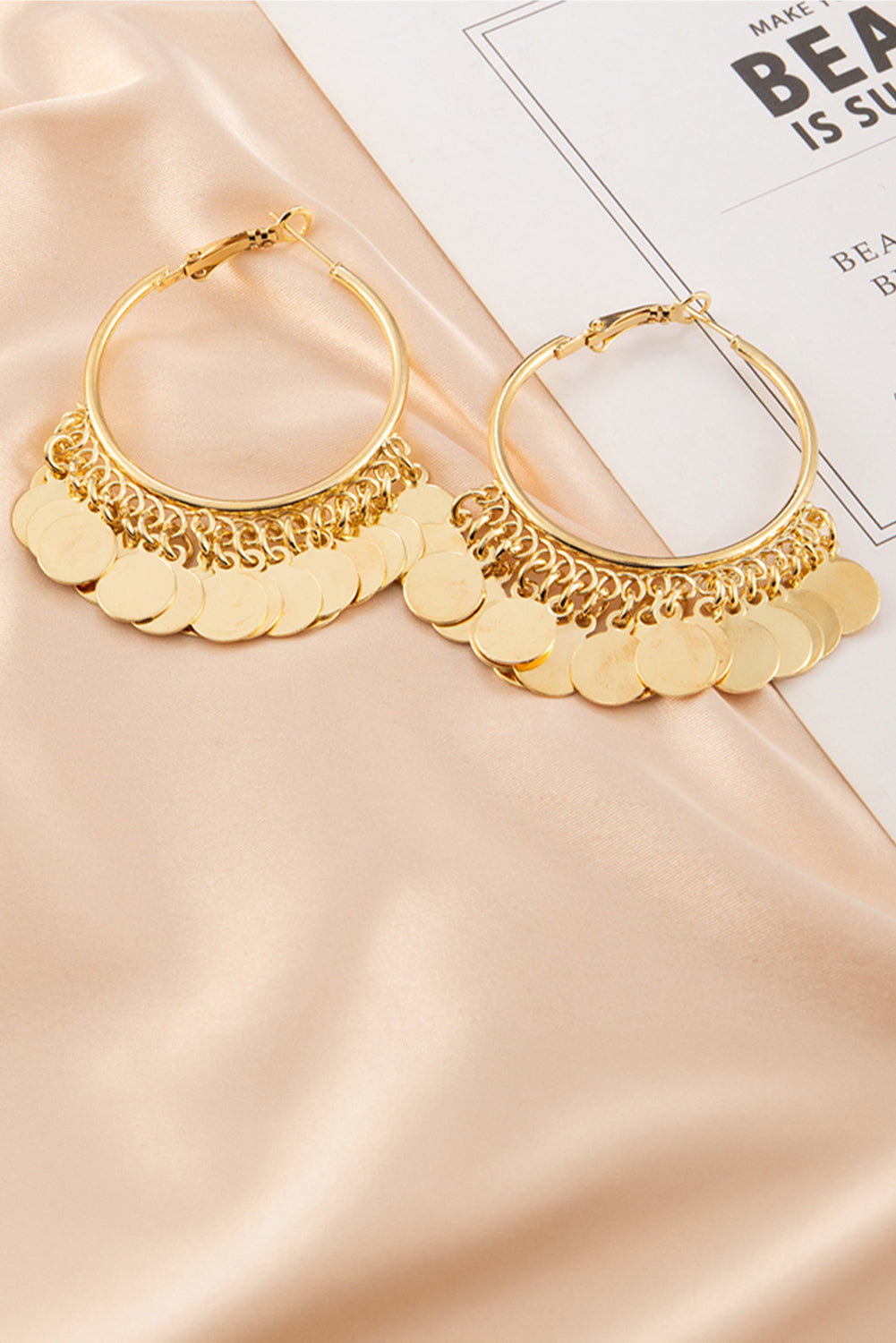 Gold Disc Tasseled Hoop Earrings