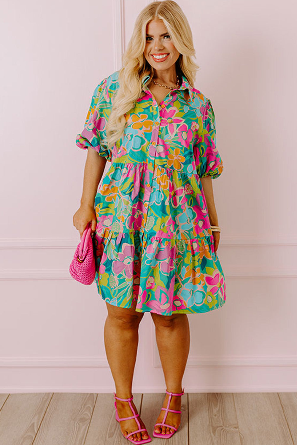 Plus Size Floral Print Tiered Shirt Dress