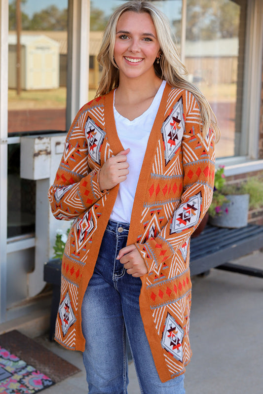 Brown Aztec Geometric Knit Cardigan