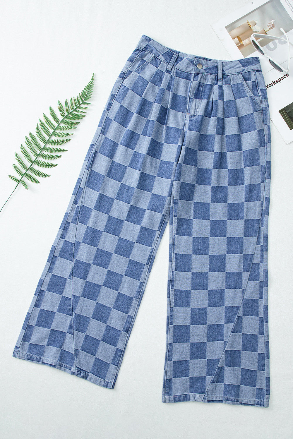 Dusk Blue Checkered Light Washed Wide Leg Jeans