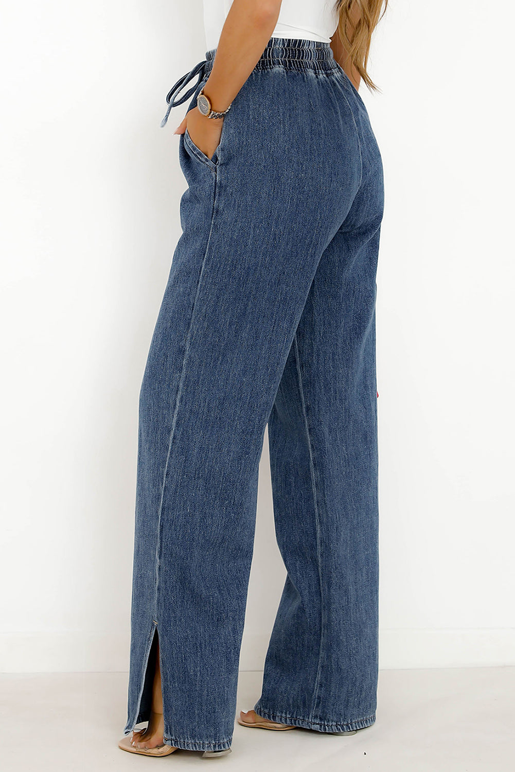 Washed Out Drawstring Waist Wide Leg Jeans