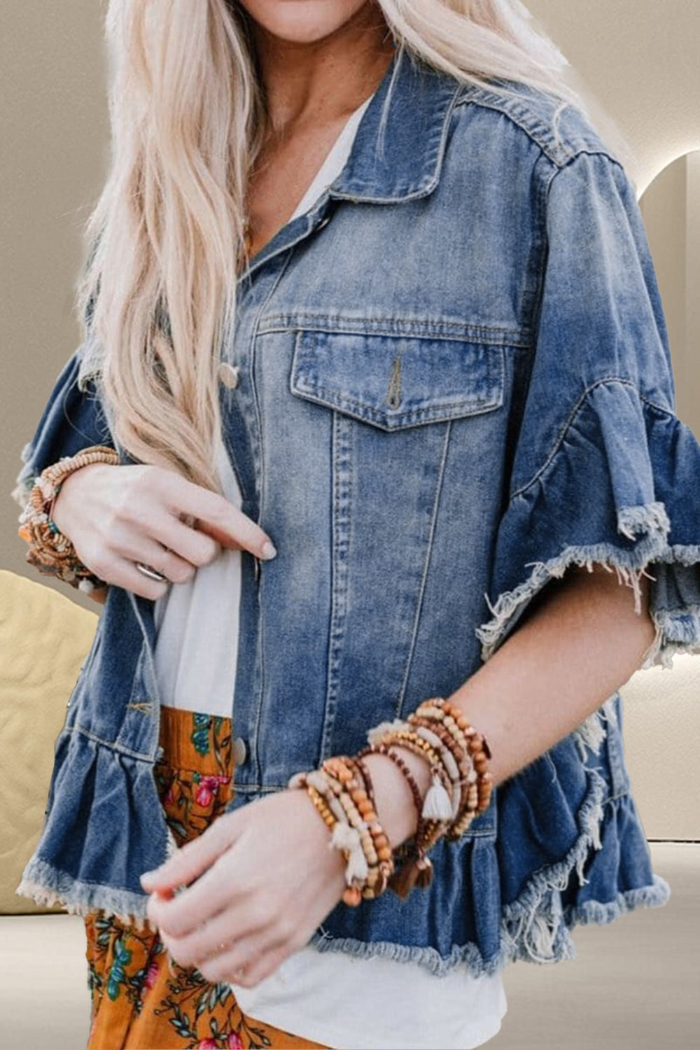 Ruffled Raw Hem Denim Jacket