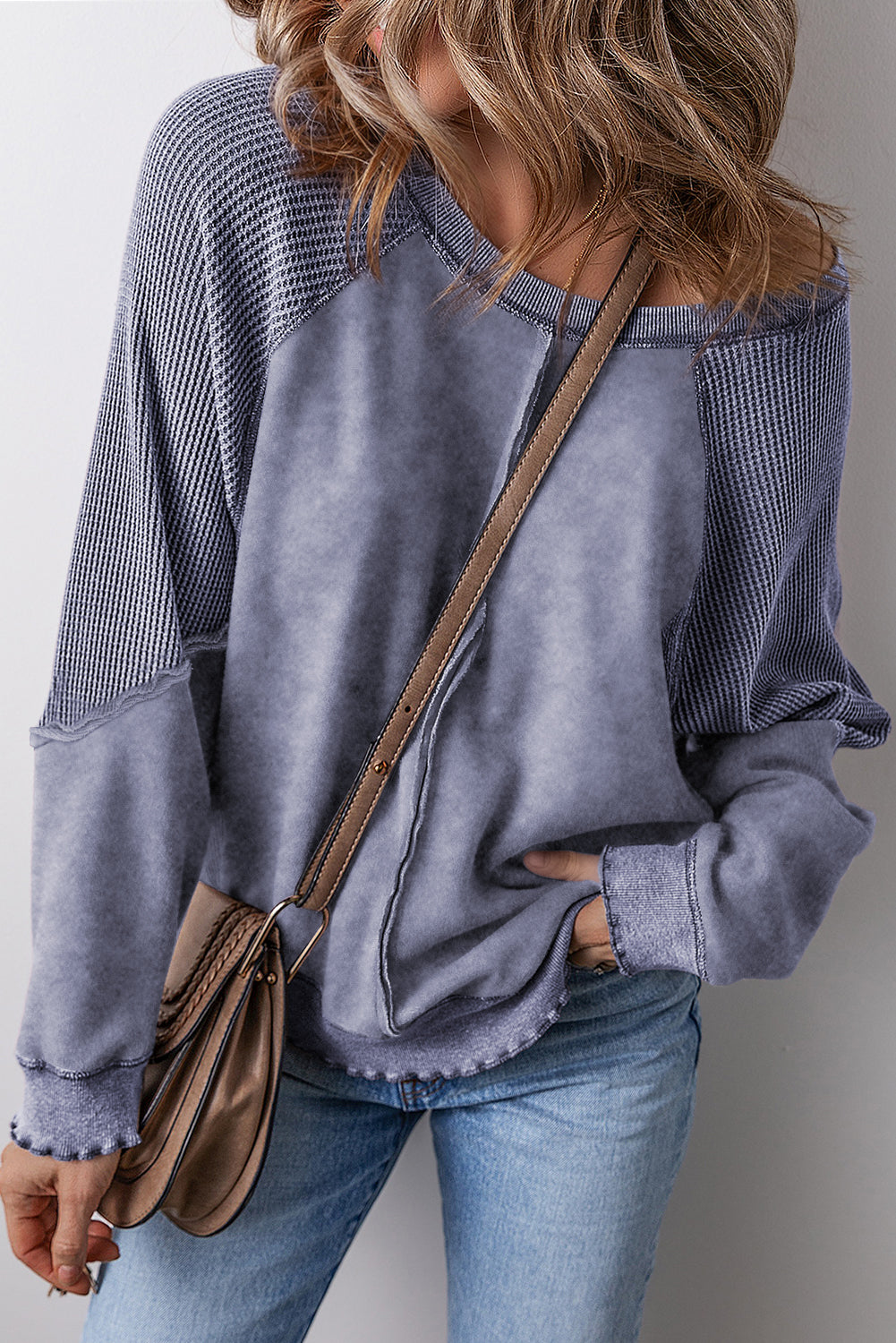 Waffle Patchwork Raglan Sleeve Exposed Seam Sweatshirt