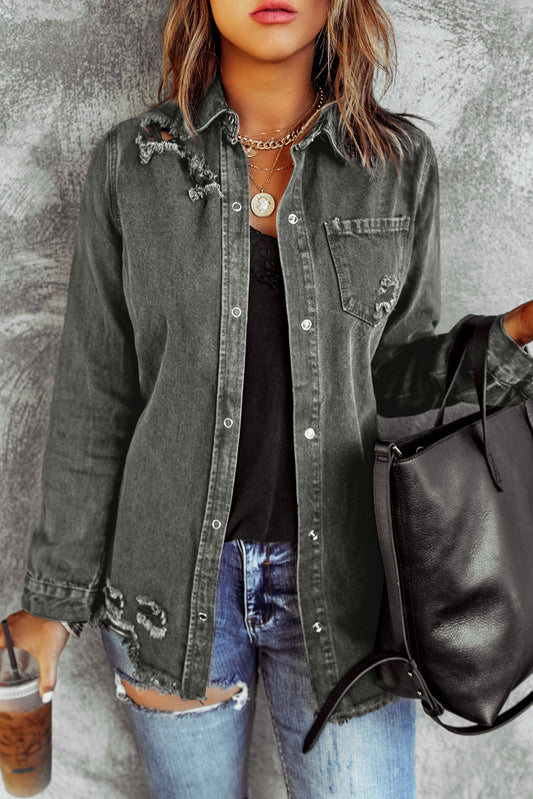 Distressed Raw Hem Denim Jacket