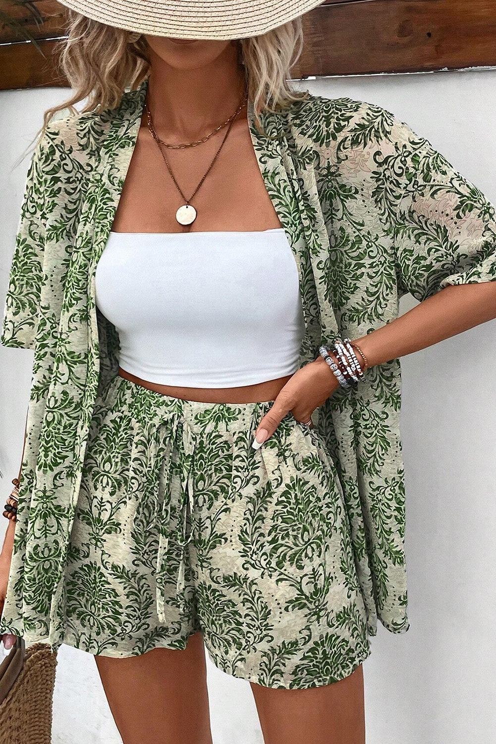 Green Vintage Floral Print Shorts Set