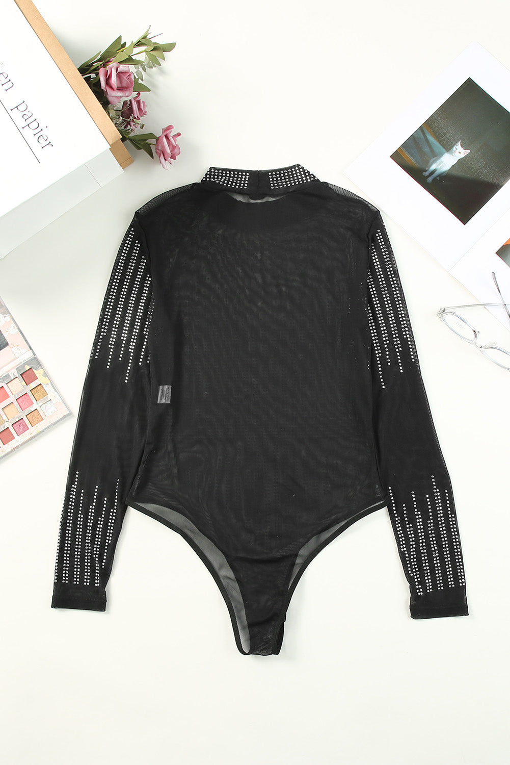 Black Rhinestone Sheer Mesh Bodysuit