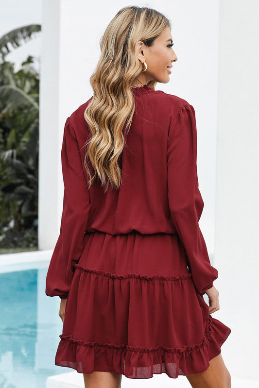 V Neck Long Sleeve Ruffle Tiered Mini Dress