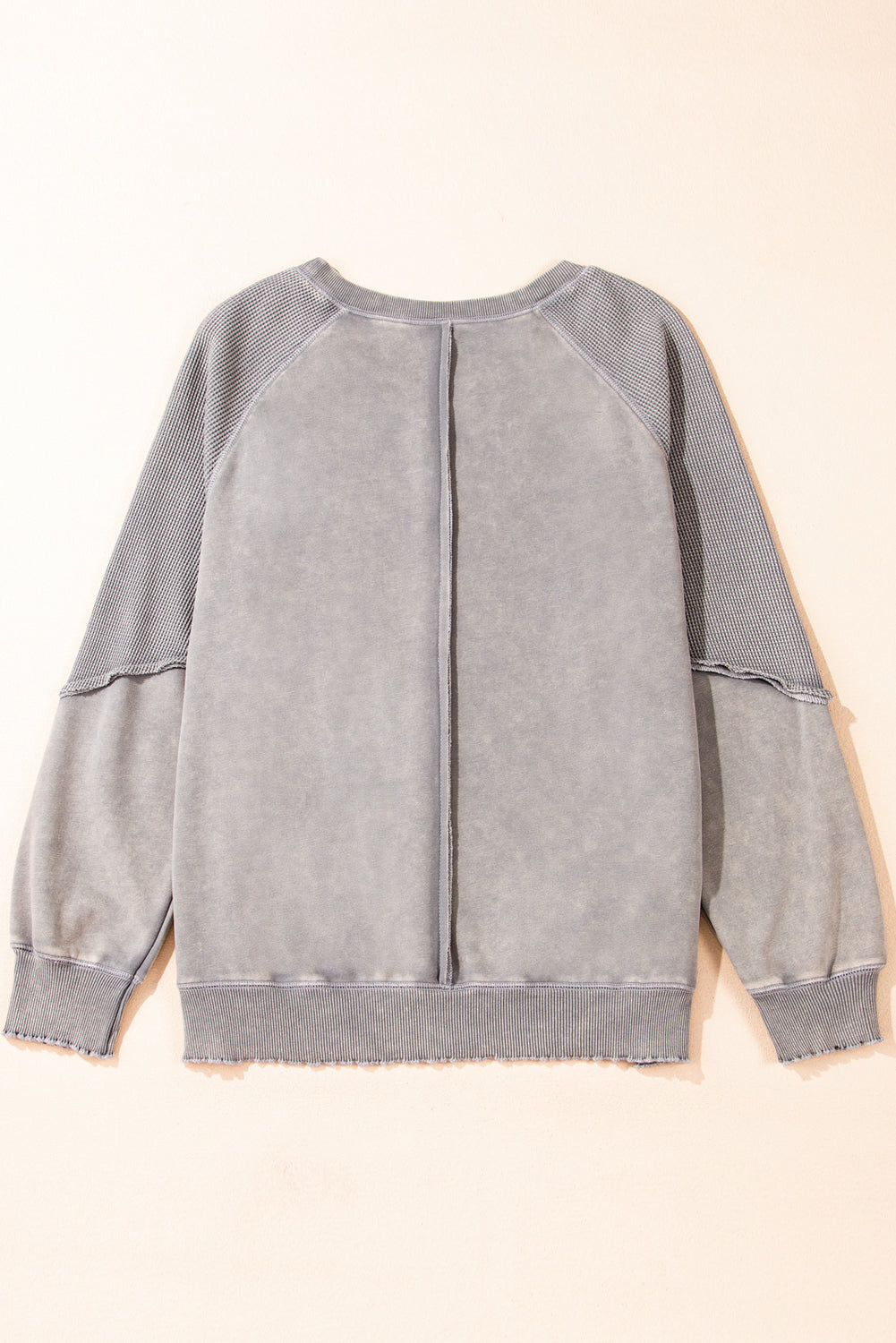 Waffle Patchwork Raglan Sleeve Exposed Seam Sweatshirt