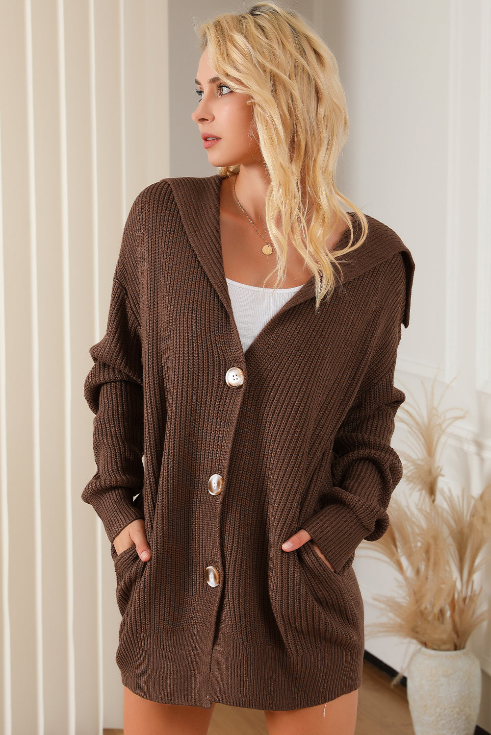 Brown Chunky Lapel Collar Button up Cardigan