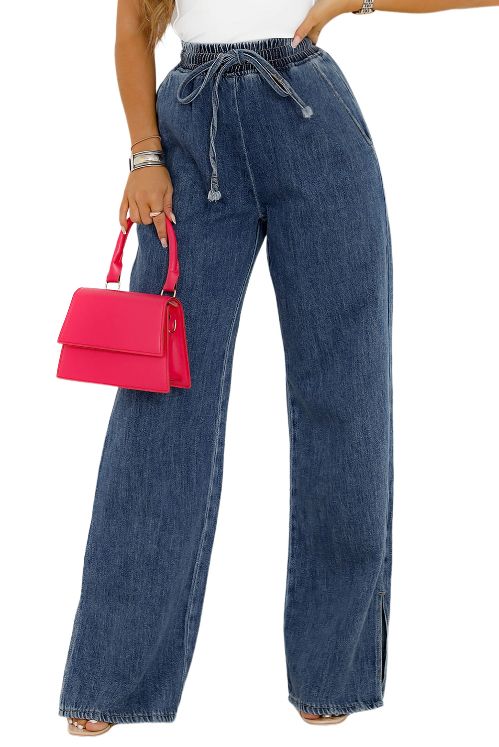 Washed Out Drawstring Waist Wide Leg Jeans