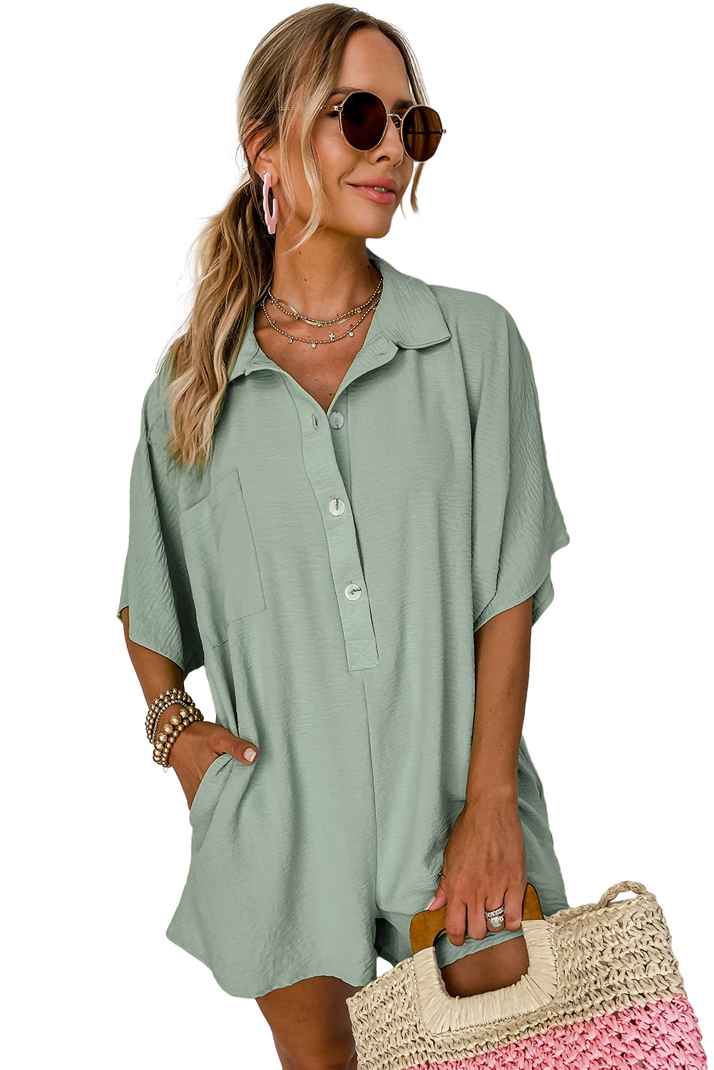 Button Up Collared Loose Romper