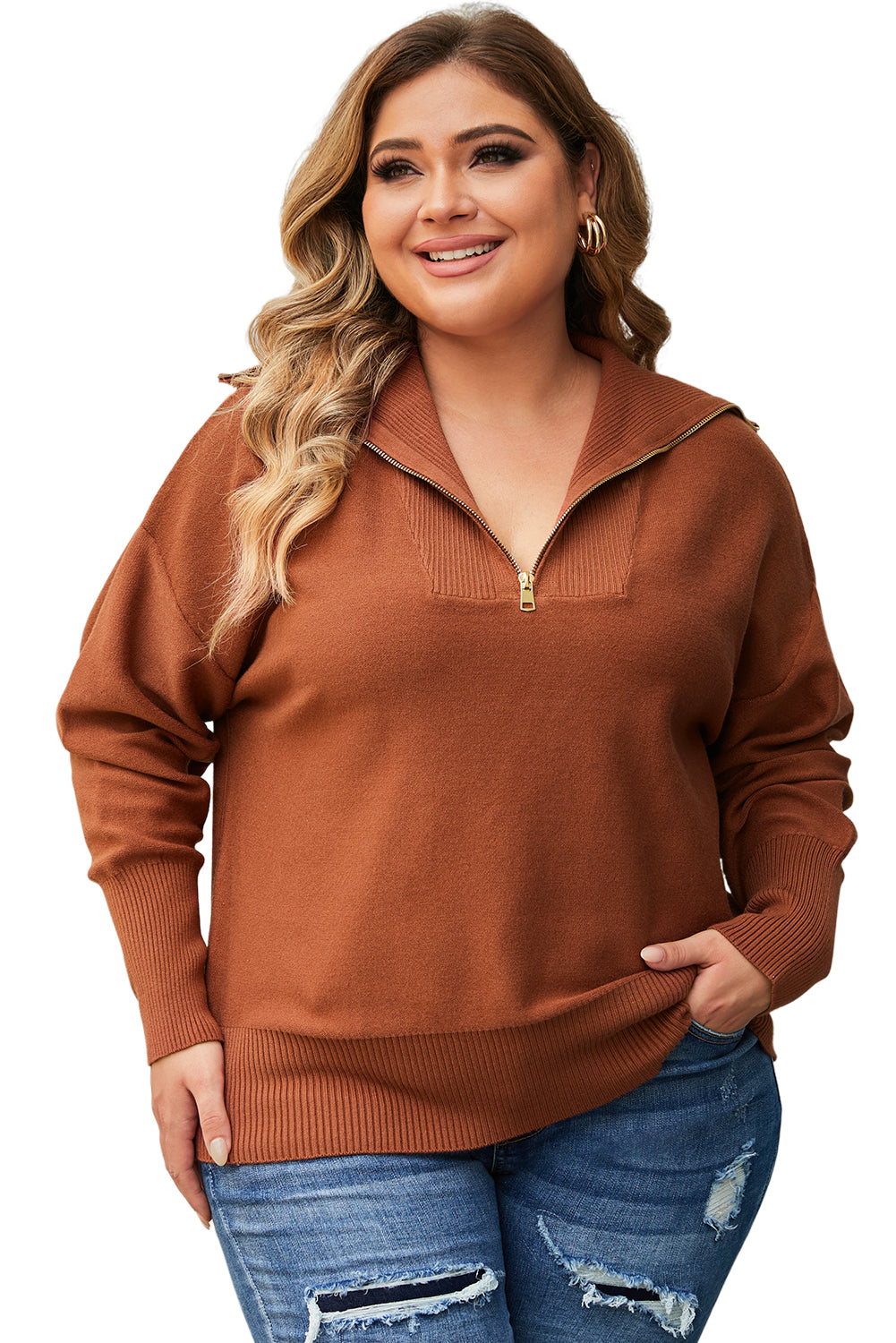 Brown Plus Size Zip Collar Sweater