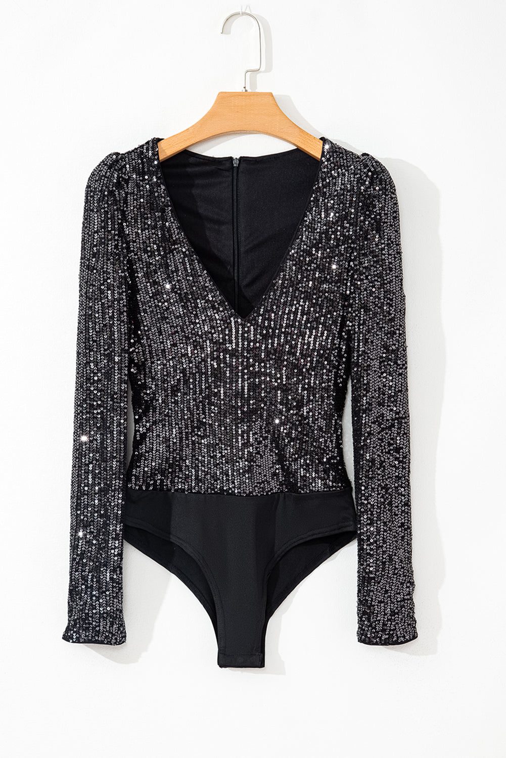 Black Sequin Zip Up Long Sleeve Bodysuit