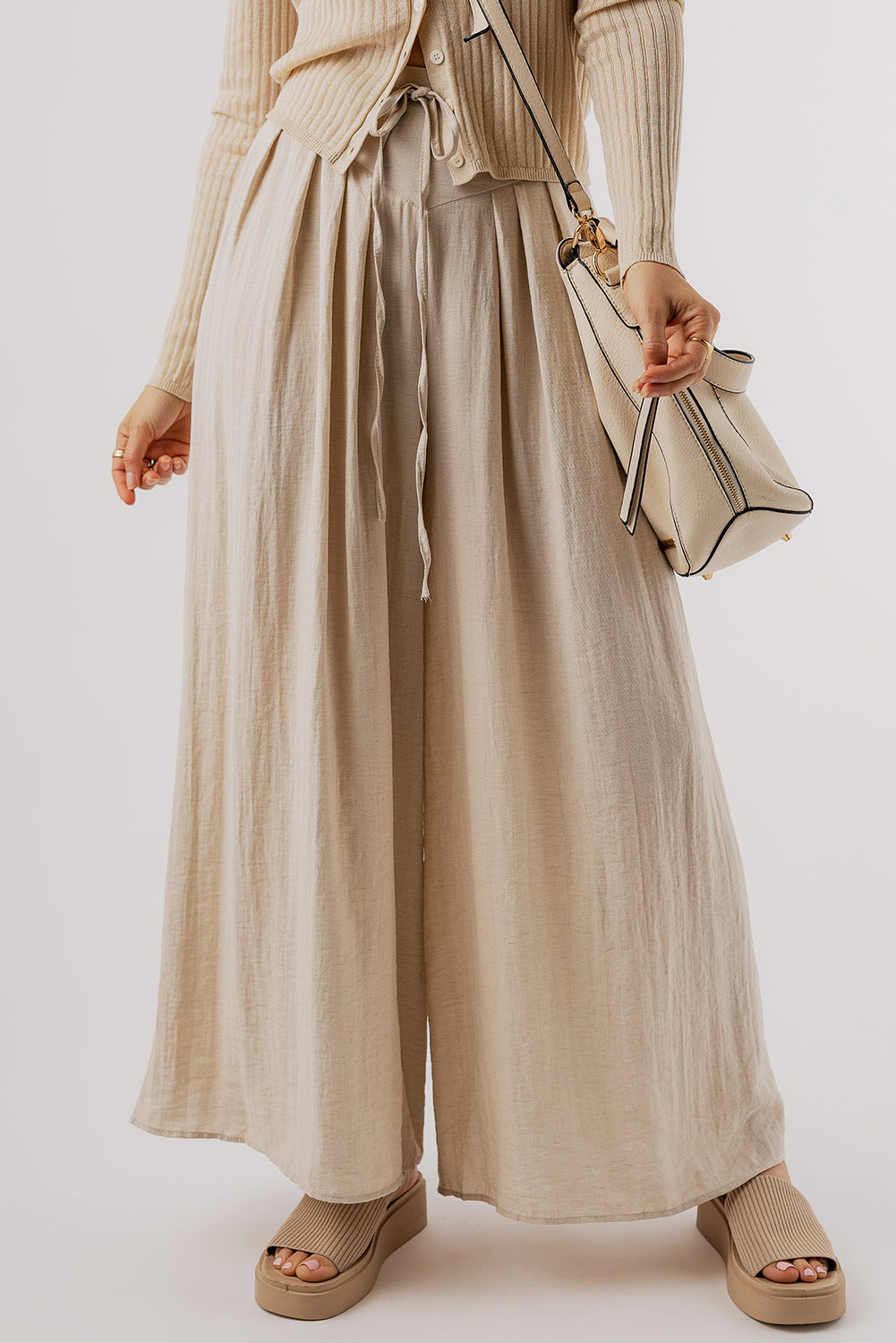 Beige Drawstring Pleated Wide Leg Pants