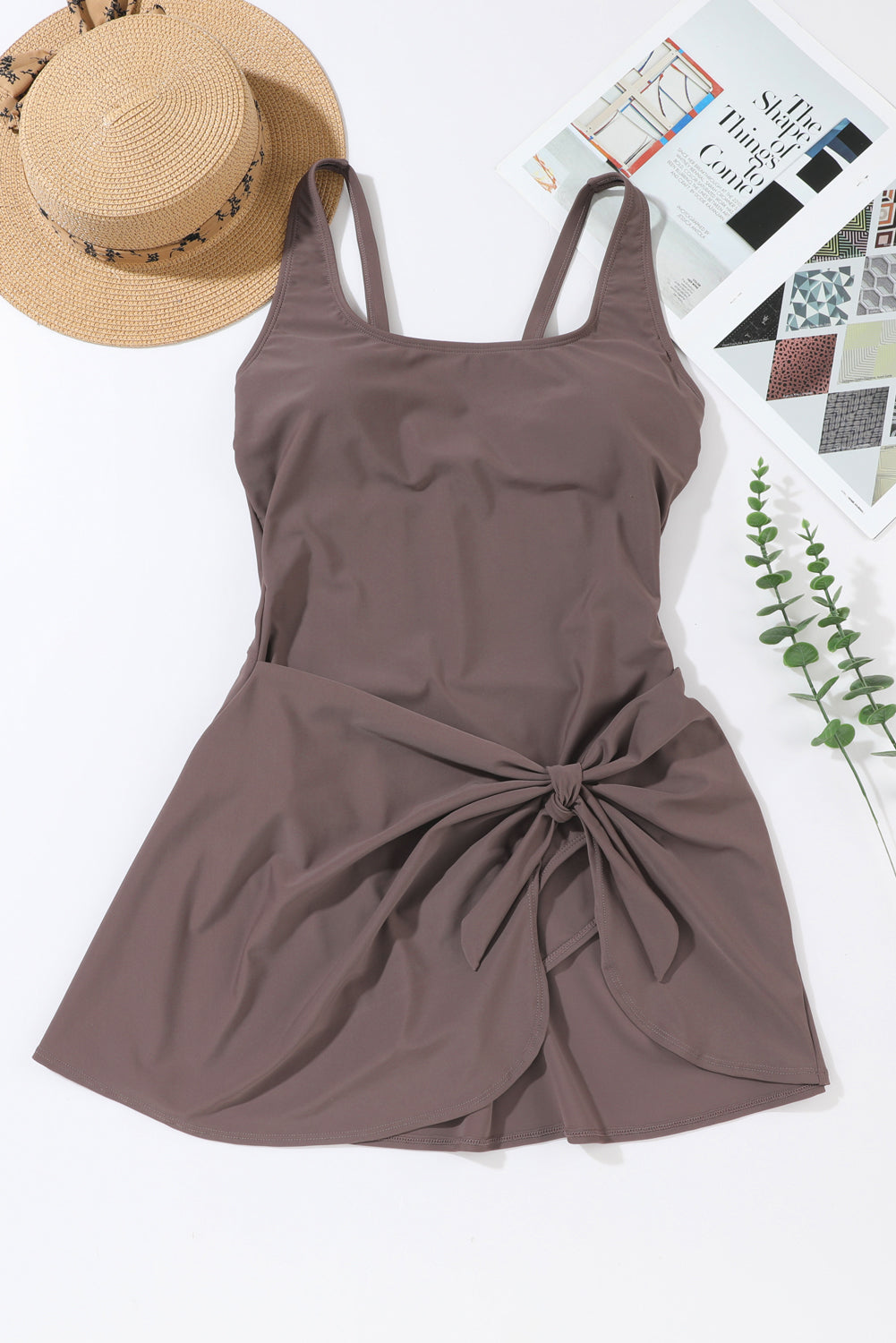 Coffee Knotted One Piece Swim Dress