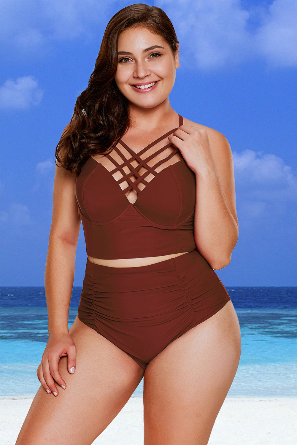 Black Strappy Neck Detail High Waist Plus Size Swimsuit