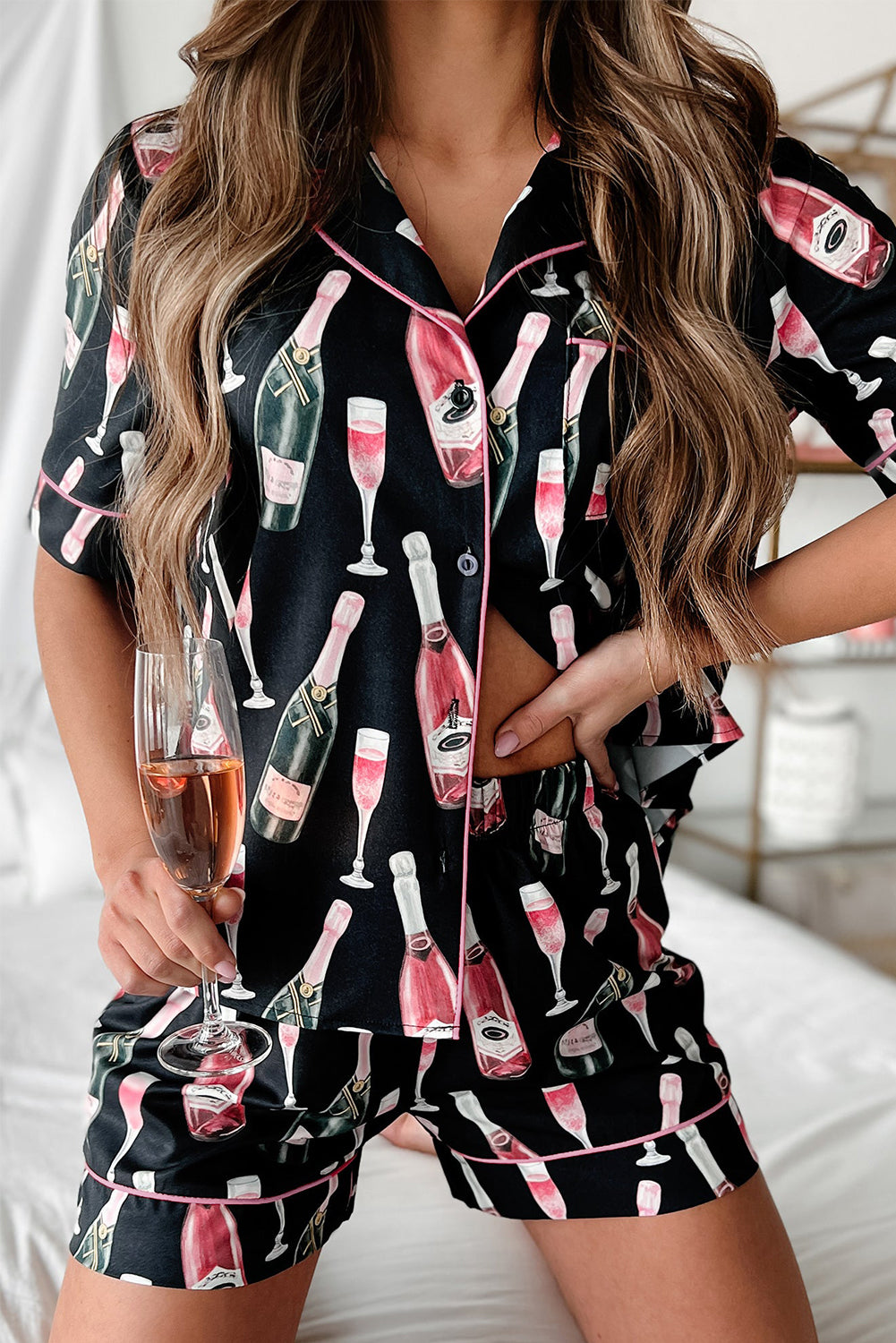 Black Champagne Print Silky Pajamas Set