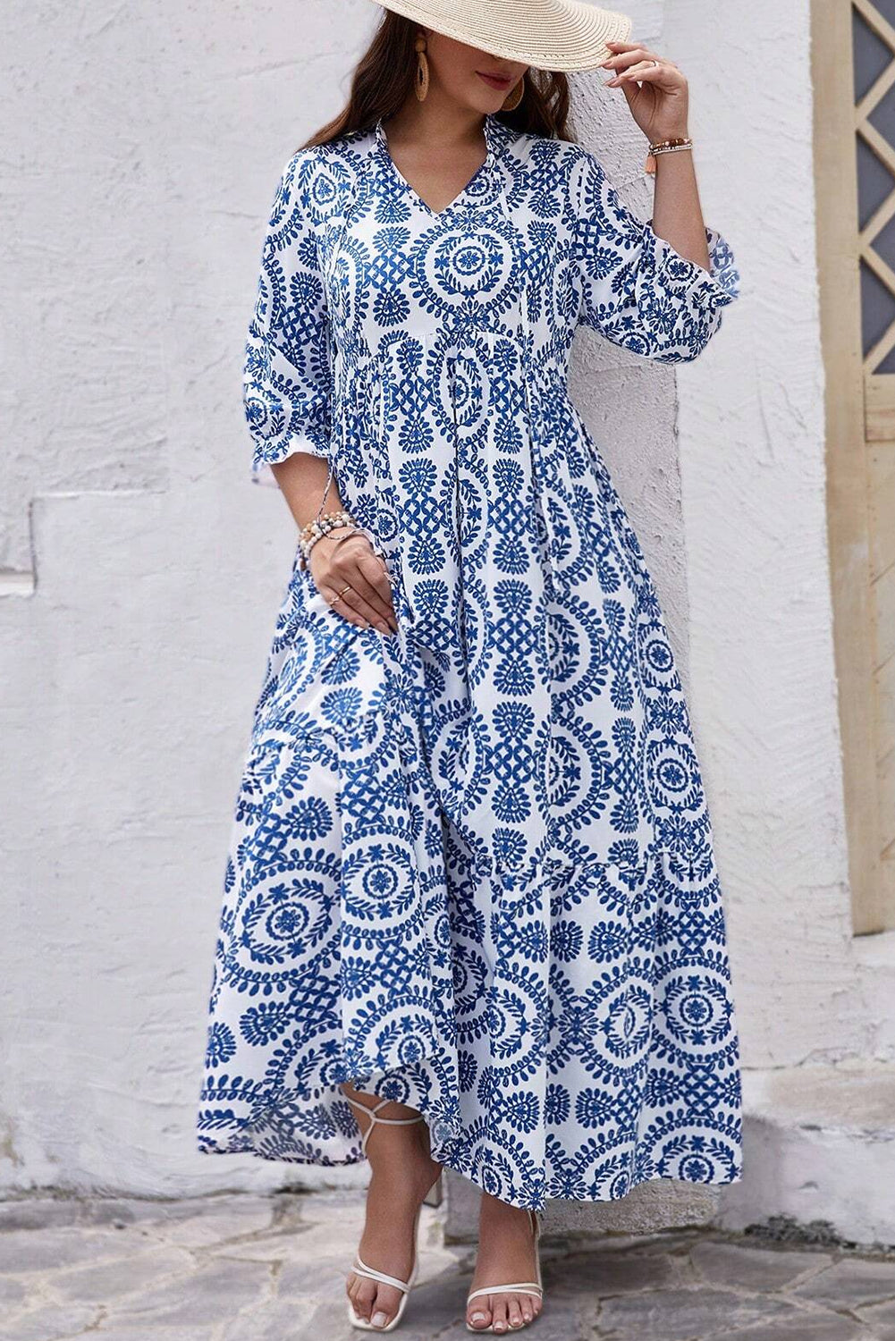 Sky Blue Geometric Print Plus Size Maxi Dress