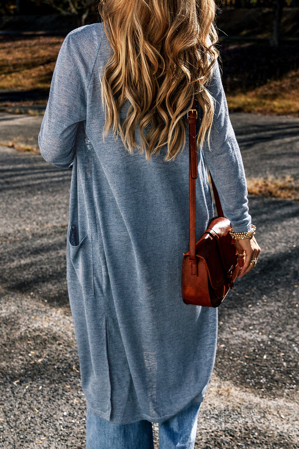 Blue Knit Pocketed Maxi Cardigan