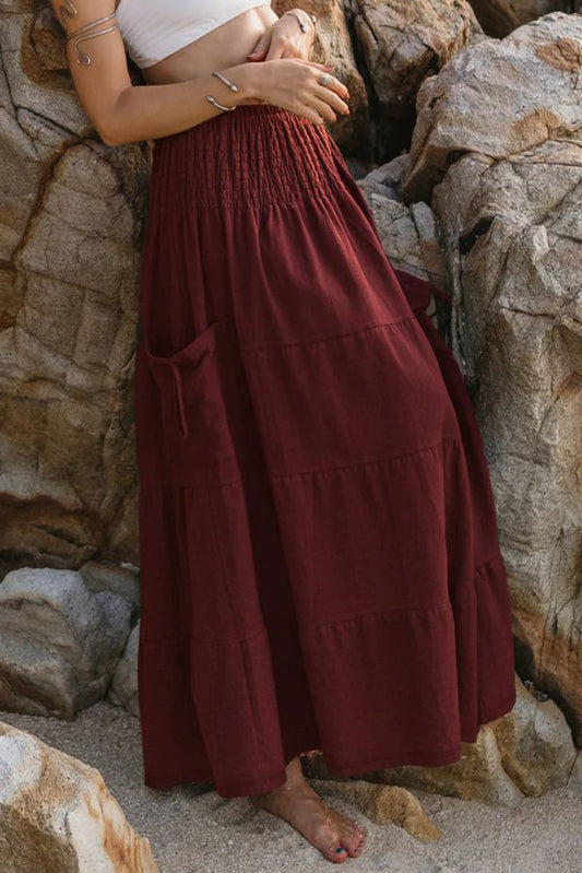 Red Smocked Waist Bohemian Tiered Maxi Skirt