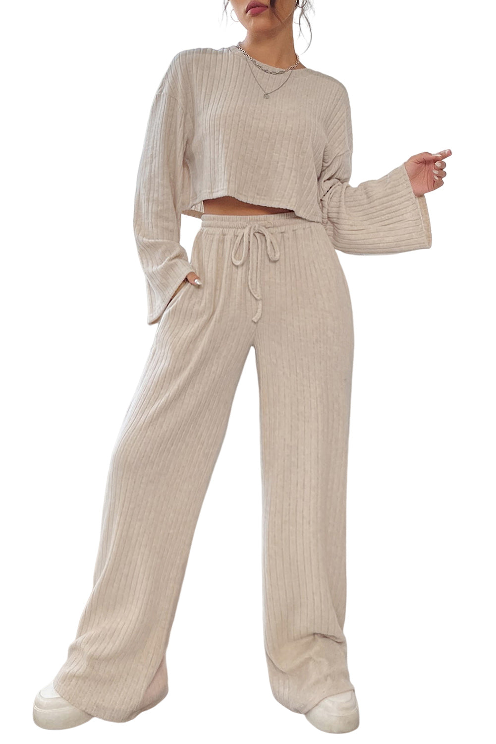 Khaki Bell Sleeve Crop Top & Drawstring Pants Set