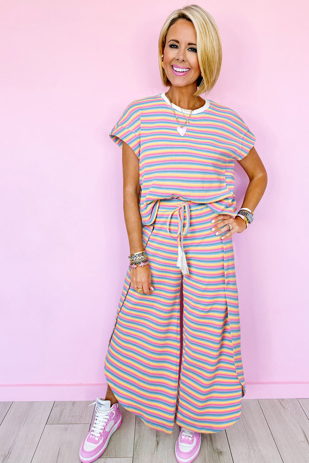 Striped Tassel Tee & Wide Leg Pants Set