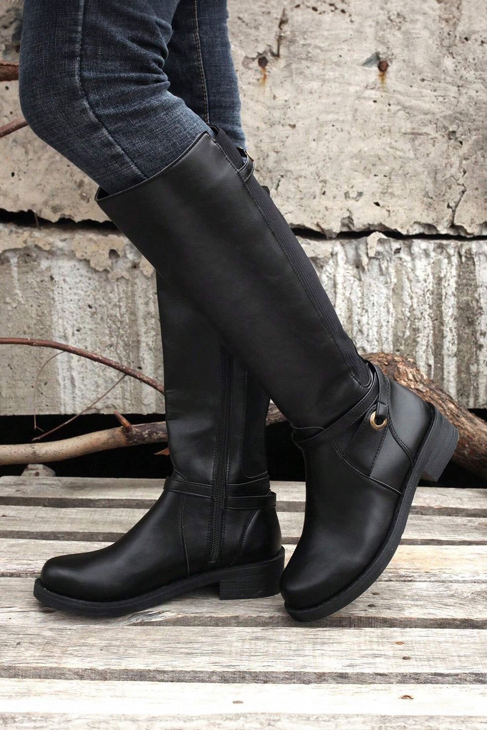 Black Side Zipper Knee High Boots