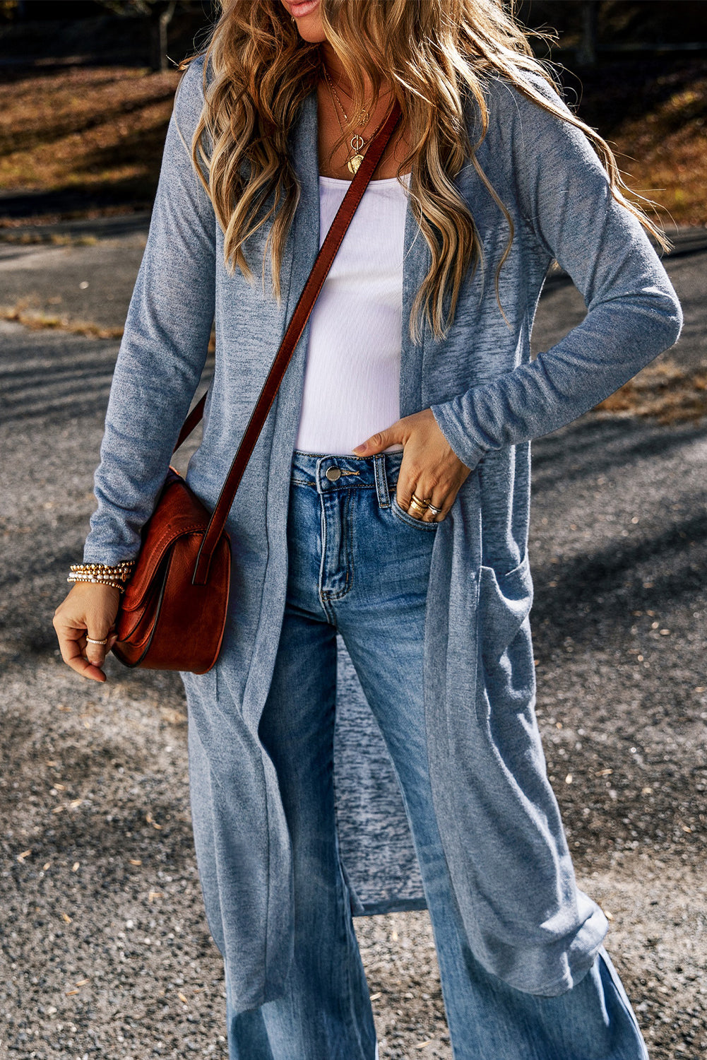 Blue Knit Pocketed Maxi Cardigan