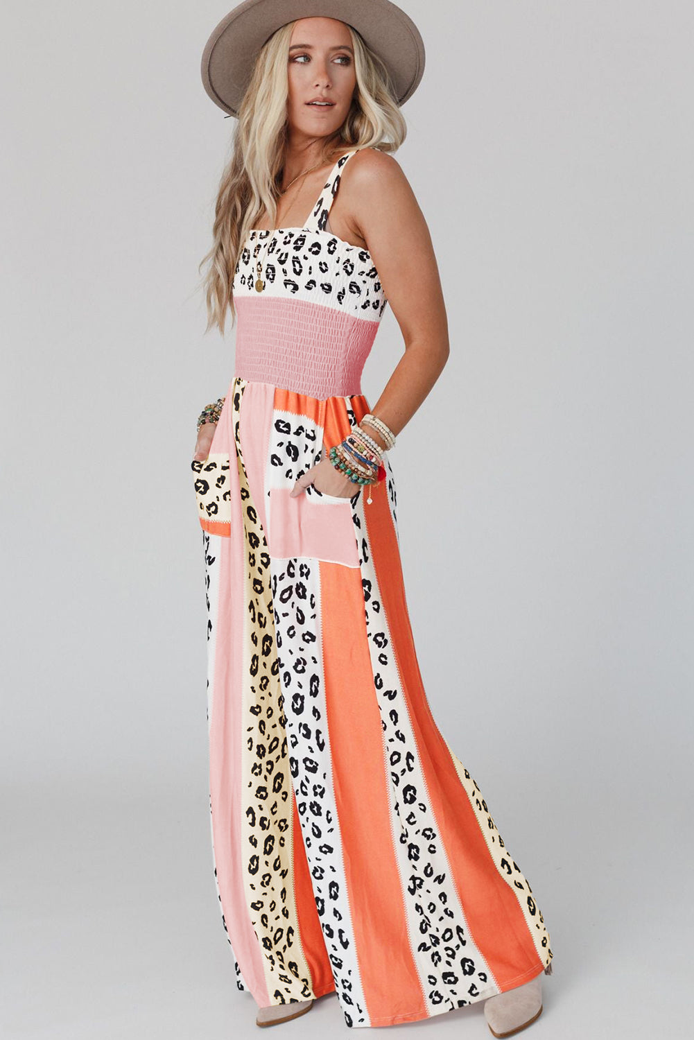 Pink Leopard Color Print Pocketed Jumpsuit