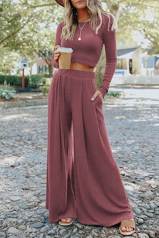 Ribbed Crop Top &  Long Wide Leg Pant Set