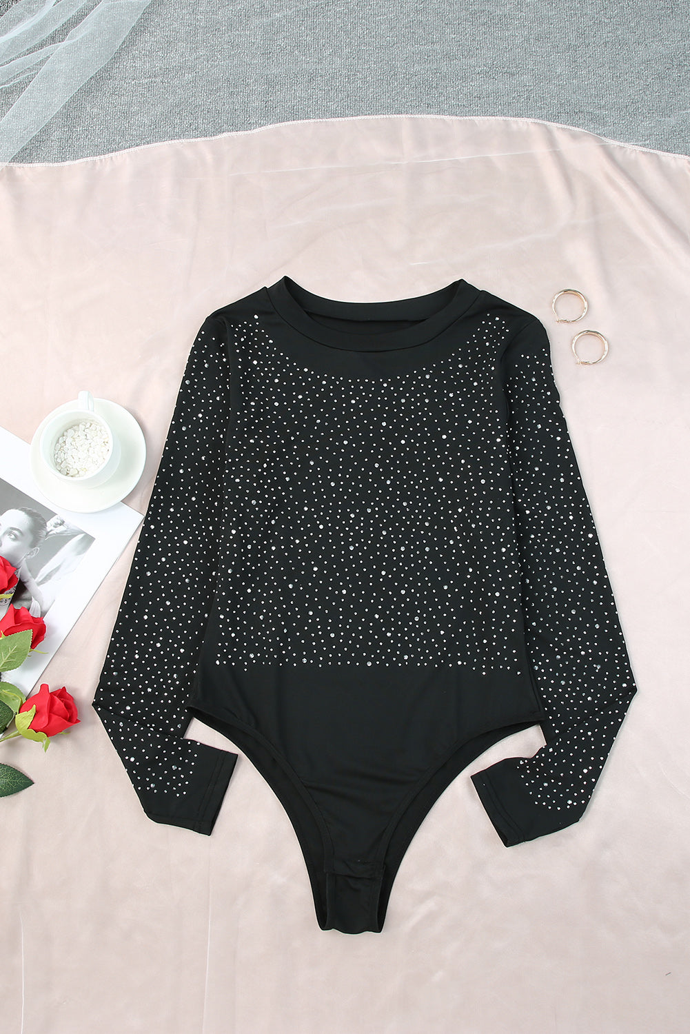 Black Rhinestone Casual Long Sleeve Bodysuit