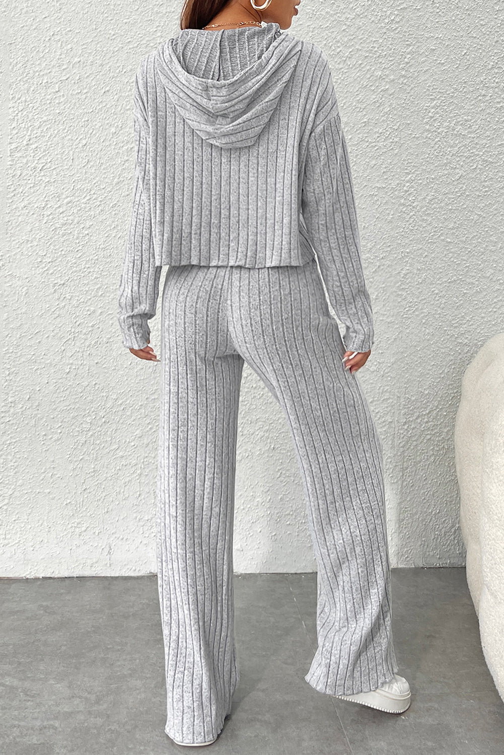 Ribbed Knit Slouchy Hoodie Wide Leg Pants Set