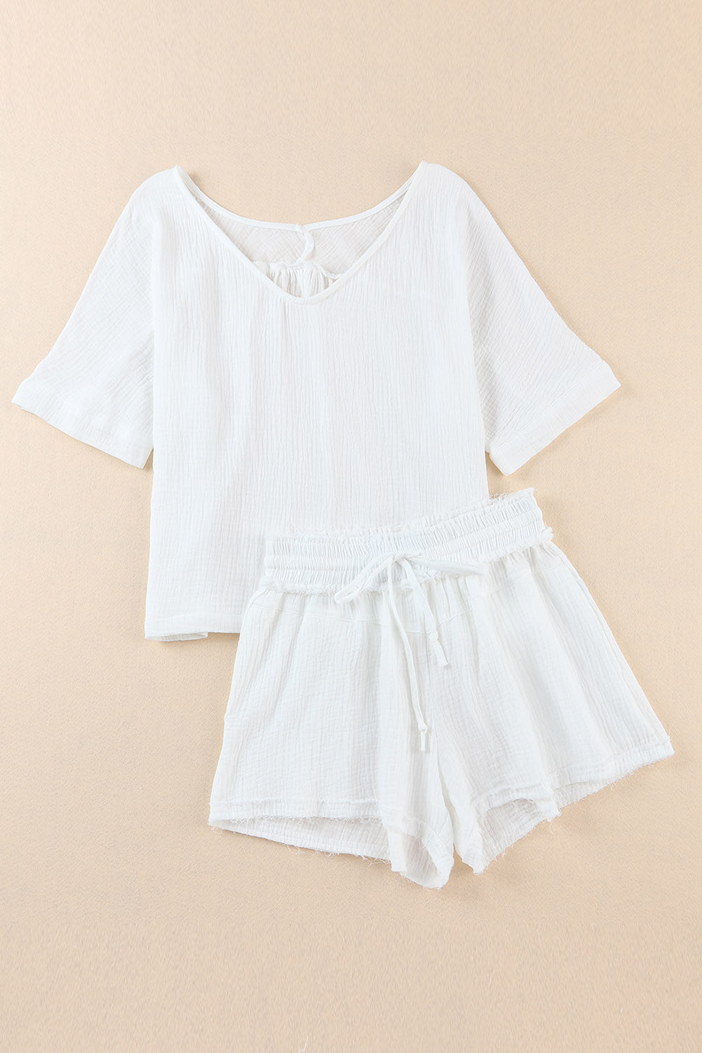 White Relaxed Off Shoulder Blouse and Drawstring Shorts Set