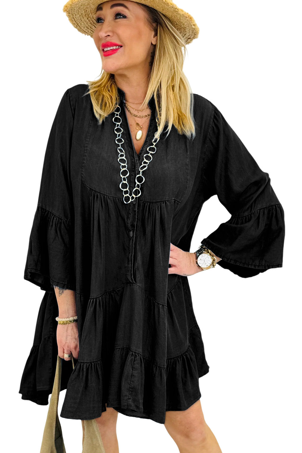 Black Chambray Ruffled 3/4 Sleeve Mini Dress