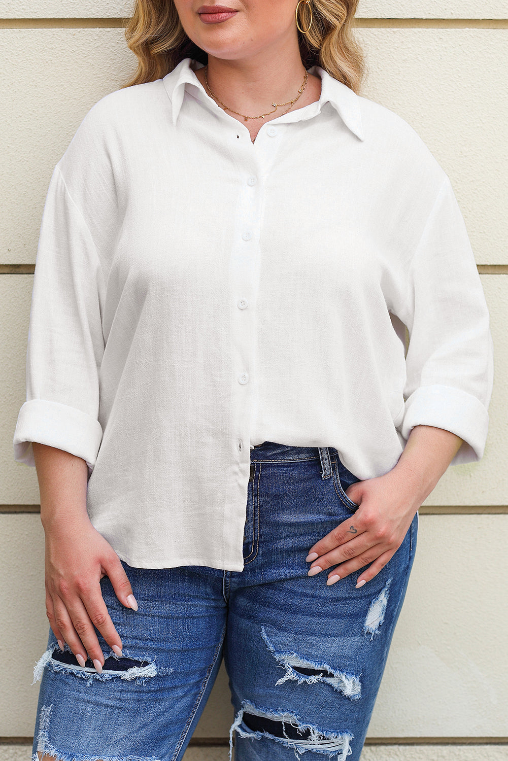 White Plus Size Linen Button Up Shirt