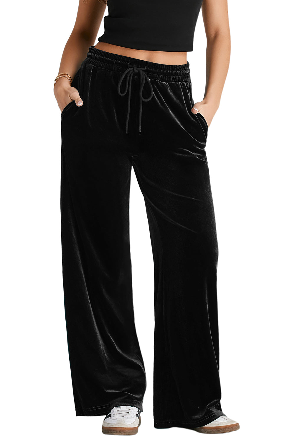 Evergreen Solid Drawstring Waist Wide Leg Pants