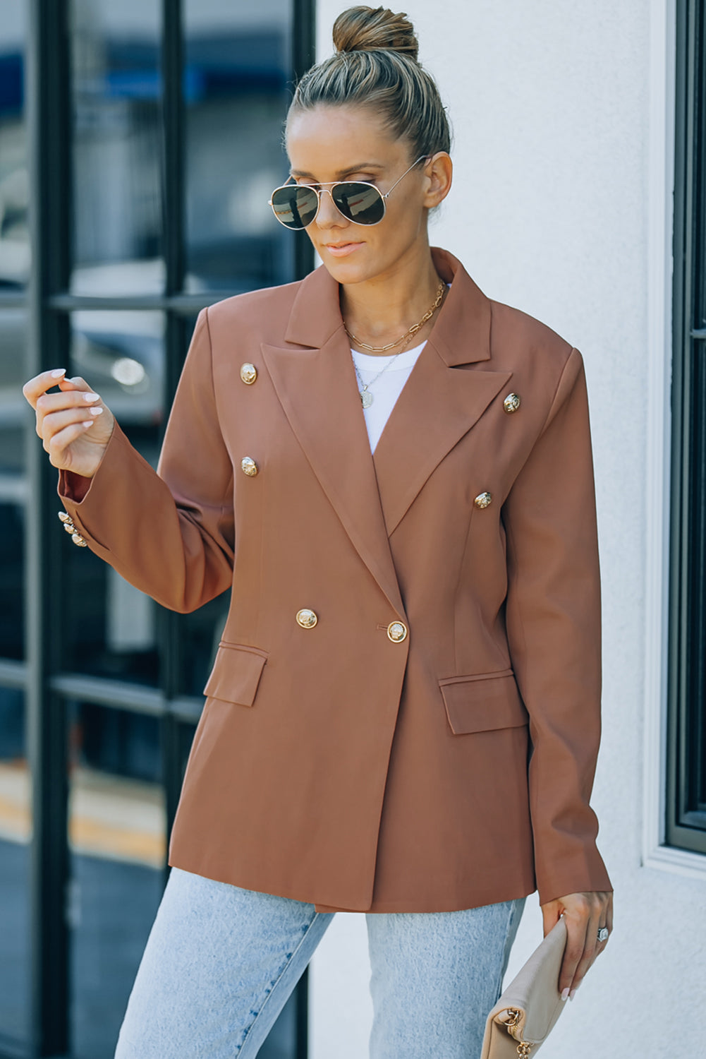 Double Breasted Casual Brown Blazer for Women