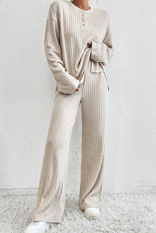 Beige Drop Shoulder Wide Leg Pants Set