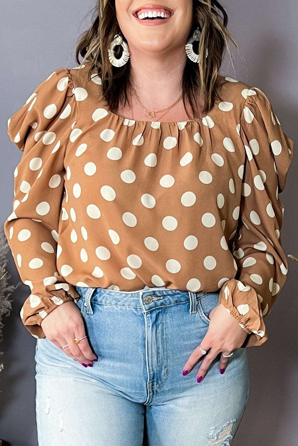 Khaki Plus Size Polka Dot Ruched Neckline Blouse