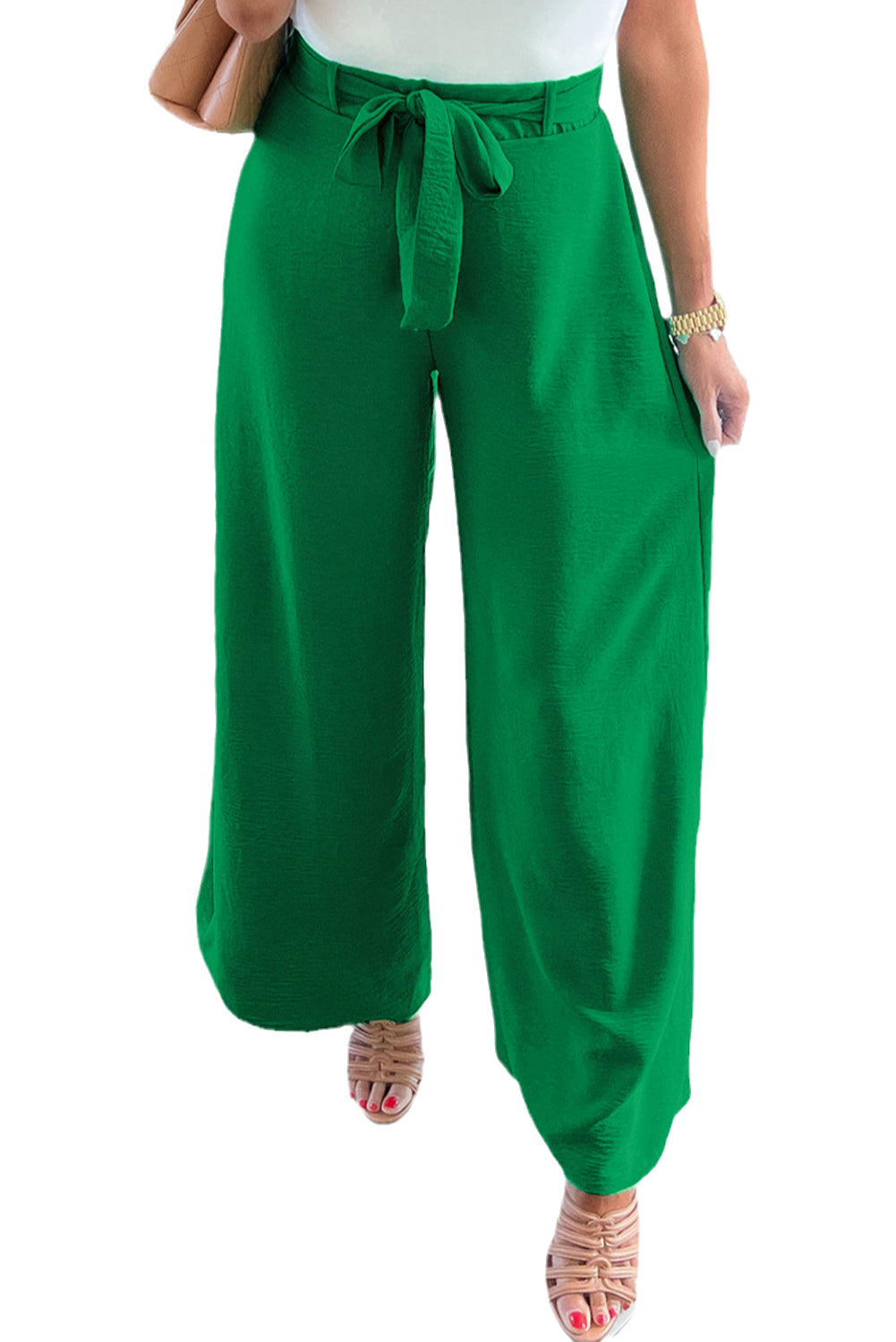 Bright Green High Waisted Belted Wide Leg Pants