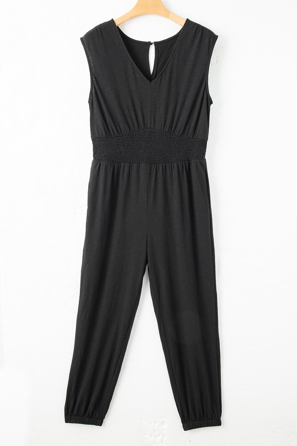 Black Plus Size Smocked V Neck Jumpsuit