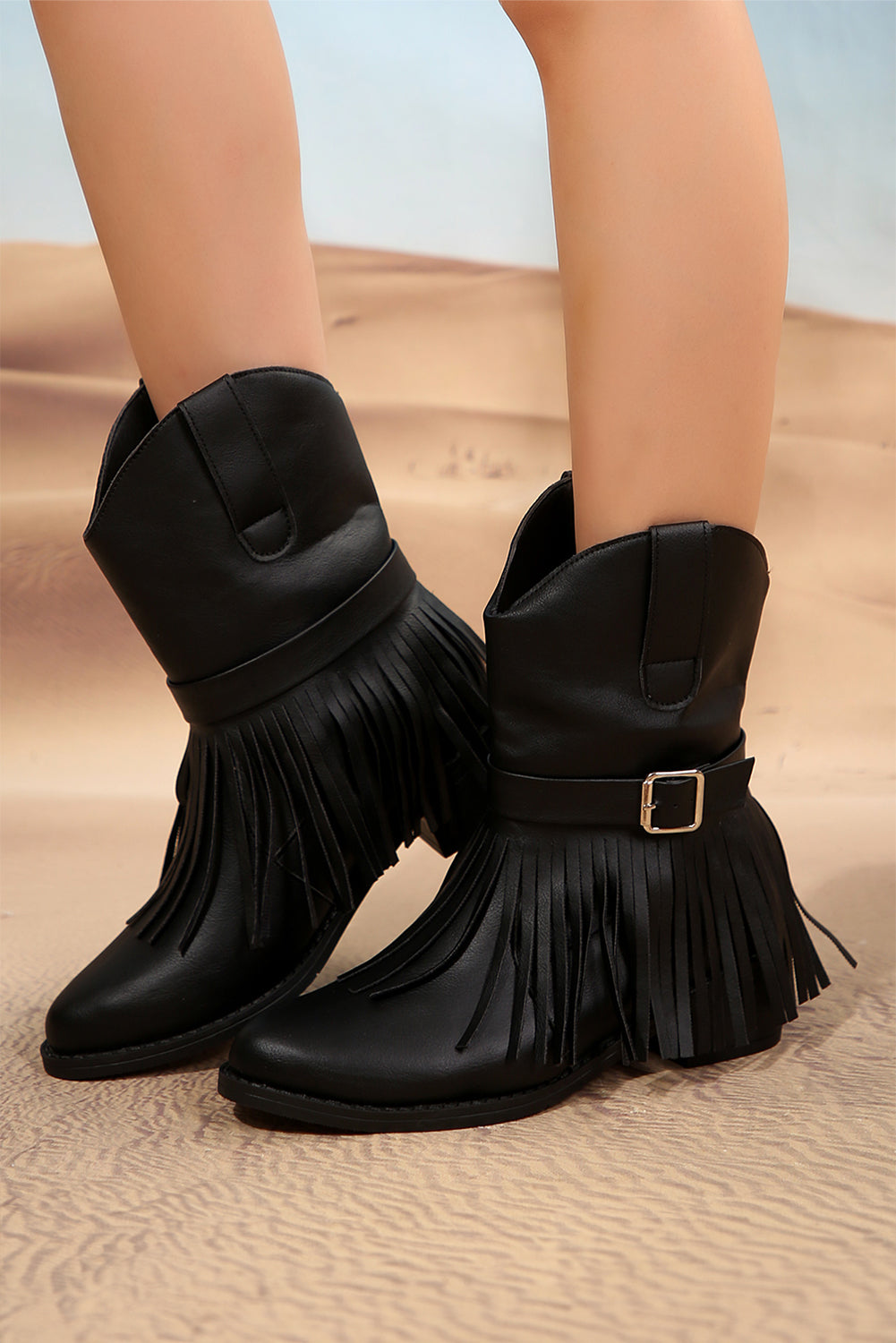 Black Fringed Wide Calf Faux Leather Western Boots