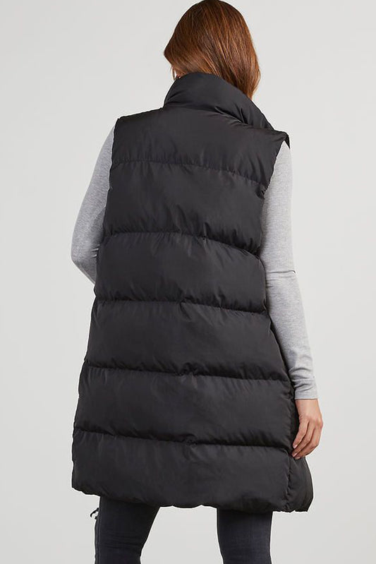 Black Solid Color Quilted Vest Coat