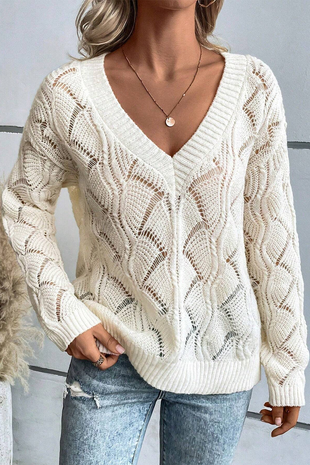 Mint Green Hollow Out Knit V Neck Drop Shoulder Sweater